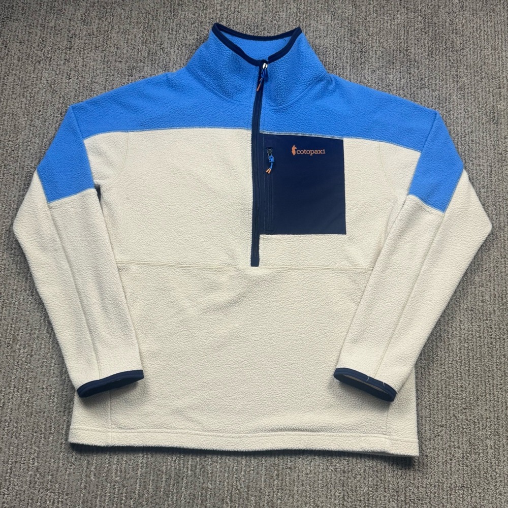 Cotopaxi Abrazo 1/2 Zip Fleece Pullover Sweater Mens L Ivory Blue